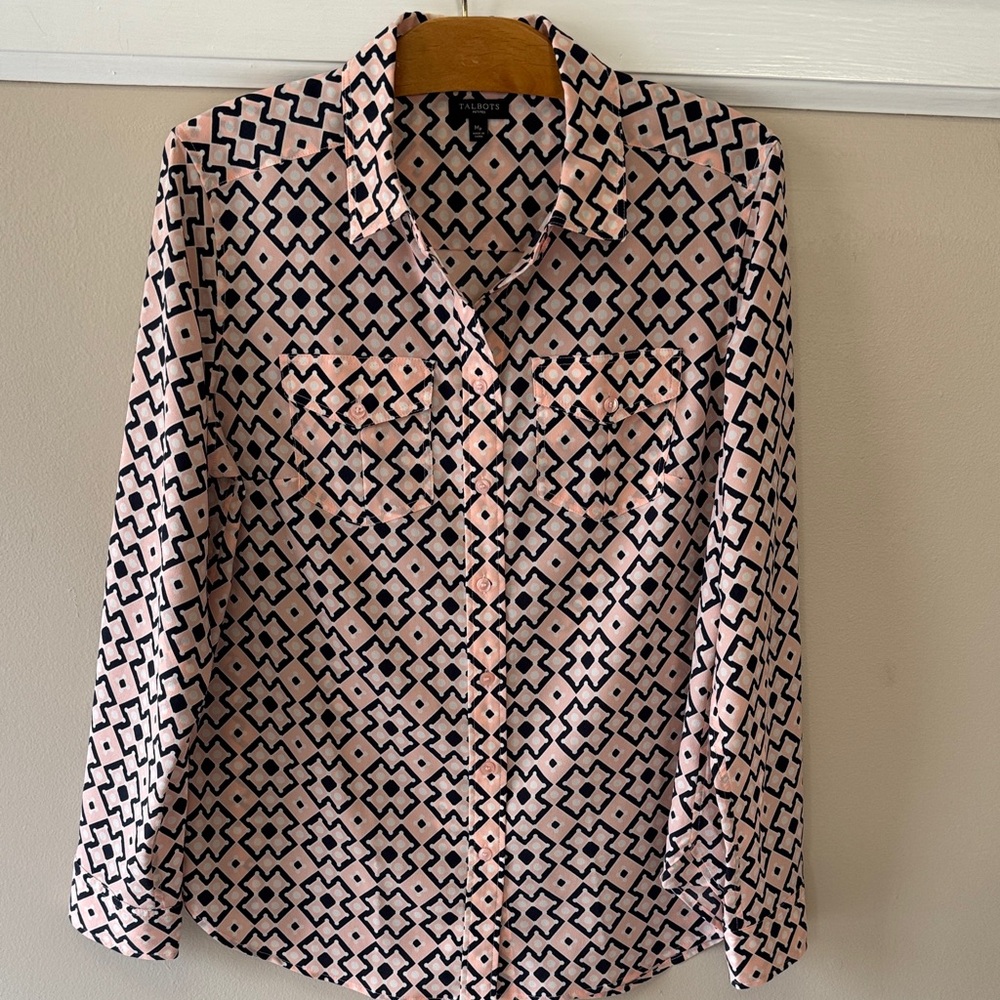 Talbots Pink and  Navy Blue Geometric Button-Down Shirt